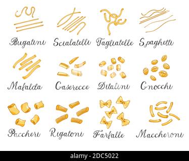 Handgezeichnet große Reihe von verschiedenen Arten von italienischen Pasta mit Namen. Vektorgrafik. Isoliert auf weiß, farbig. Stock Vektor