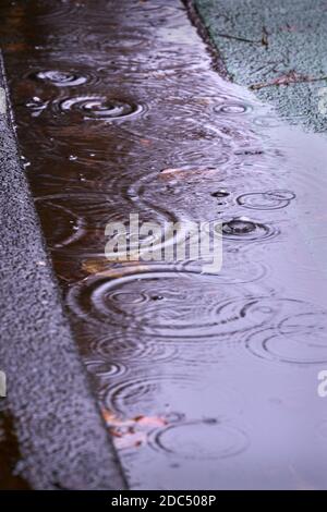 Regentropfen in Gutter. Regenwasser füllt eine Straßenrinne auf der Seite der Straße. Stockfoto