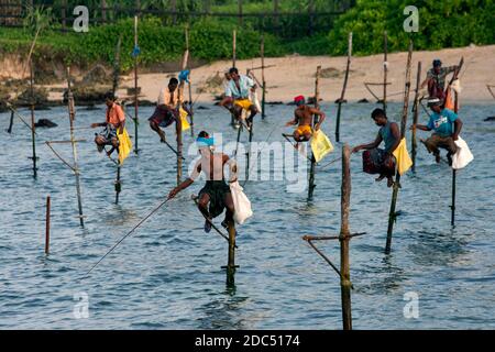 Pole Fishermen (Stick Fishermen) bei der Arbeit im Indischen Ozean am frühen Morgen in Koggala an der Südküste von Sri Lanka. Stockfoto