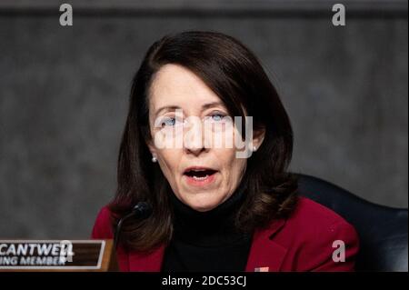 Die US-Senatorin Maria Cantwell (D-WA) spricht auf einer Sitzung des Senats für Handel, Wissenschaft und Transport. Stockfoto