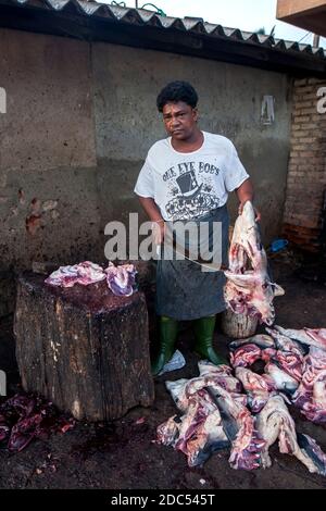 Ein Fischhändler zerschneidet Haifischköpfe auf einem Hackblock auf dem Negombo Fischmarkt in Negombo in Sri Lanka in Stücke. Stockfoto