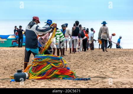 Strandseinenfischer ziehen das bunte Seil, das an ihren Fischernetzen befestigt ist, am frühen Morgen an den Pottuvil-Strand in Sri Lanka. Stockfoto