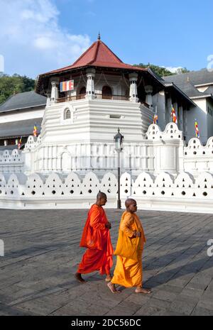 Buddhistische Mönche gehen am Tempel der Heiligen Zahnreliquie in Kandy in Sri Lanka vorbei. Dieser Tempel ist, wo die heilige Zahnreliquie von Buddha gehalten wird. Stockfoto