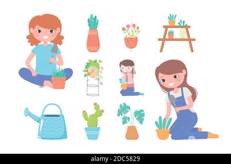 Home Gartenarbeit, Mädchen Zimmerpflanzen wachsen in Töpfen Bewässerung können Symbole Vektor-Illustration Stock Vektor