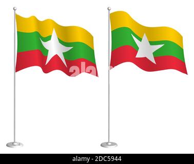 Flagge der republik myanmar auf Fahnenmast winkend im Wind. Design-Element Urlaub. Kontrollpunkt für Kartensymbole. Isolierter Vektor auf weißem Hintergrund Stock Vektor