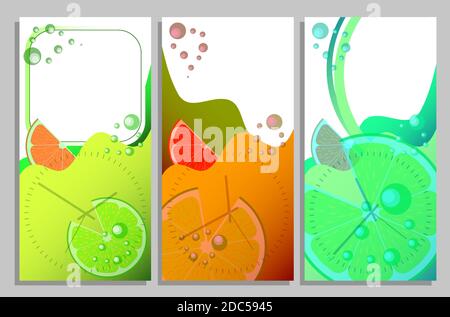 Design Vorlage vertikalen Verkauf Flyer. Set von Vorlagen für Grußkarten, Banner, Broschüren. Saftige Orange mit Fruchtfleisch und Blasen von kohlensäurehaltigen Getränk. Stock Vektor
