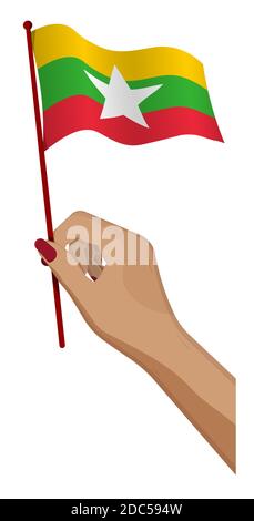 Weibliche Hand hält sanft kleine Flagge der republik myanmar. Design-Element Urlaub. Cartoon-Vektor auf weißem Hintergrund Stock Vektor