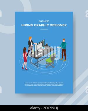 Unternehmen mieten Designer Menschen stehen Diskussion um Schreibtisch Arbeitsplatz für Vorlage von Banner und Flyer für den Druck Magazin-Cover und Poster Stock Vektor