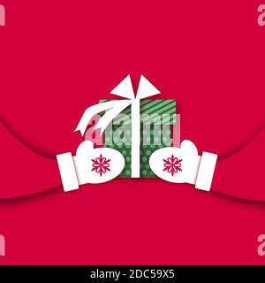 Frohe Weihnachten Grußkarte mit Santa Claus Hände halten grüne geschenkbox mit weißer Schleife. Frohes neues Jahr im papercraft-Stil. Rot. Winterurlaub Stock Vektor