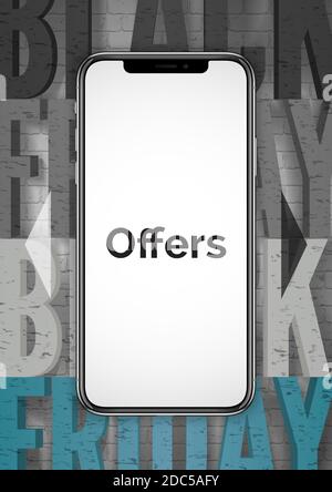 Black friday Verkauf Layout Hintergrund. Realistisches Smartphone auf brack Wall mit Test Black Friday Stock Vektor