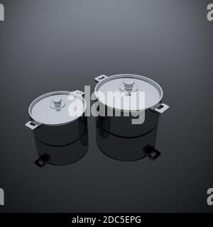 Pfannen auf dem Boden mit Reflexionen 3d-Render Stockfoto