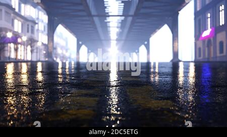 Asphalt bei Nacht. Pfütze und Lichtfleck auf der Nachtstraße 3d-Rendering Stockfoto