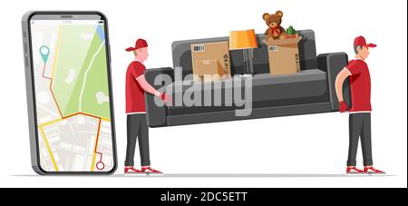 Lieferung Charakter Mann Movers tragen Sofa und Smartphone mit Karte App. Träger tragen Couch isoliert. Umzugsfirma mit Ladern und Möbeln. Delivery Relocation Service. Flache Vektorgrafik Stock Vektor