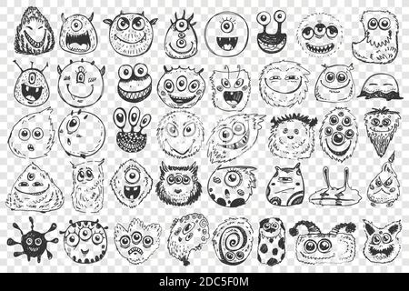 Monster Doodle Set. Sammlung von Hand gezeichnet gruseligen Kreaturen alliens hässlichen Zyklopen Bestien Maskottchen wütend gremlins isoliert auf weißem Hintergrund. Illustration von Comic-Halloween-Symbole. Stock Vektor