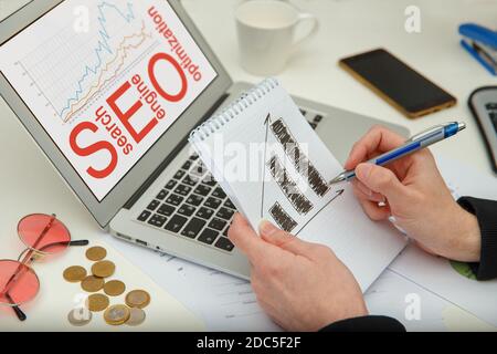 SEO Wort auf Computer geschrieben. Content Marketing Optimierung, Suche und Suche. SEO Internet Konzepte. Stockfoto