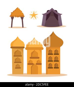 Cartoon arabische Burg Türme Hütte und Stern Symbole Vektor-Illustration Stock Vektor