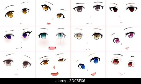 Satz von Vektor Cartoon Anime Stil Ausdrücke. Kawaii Nette Gesichter. Verschiedene Augen, Mund, Augenbrauen. Freude. Wut. Gelassenheit. Anime Mädchen in japanisch. Anime Stock Vektor