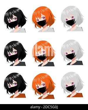 Vektormaske Anime-Zeichen. Anime Mädchen in japanisch. Anime-Stil, gezeichnete Vektorgrafik. Skizze. Manga-Stil. Farbig. EPS 10 Stock Vektor