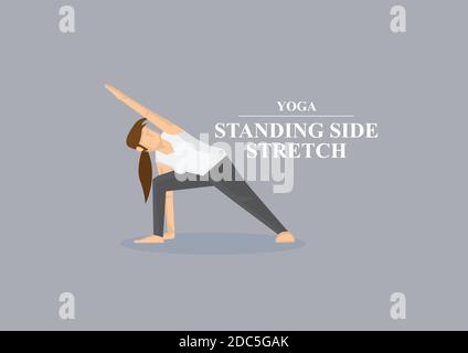 Sportliche Frauen tun Side Stretch mit einer Hand auf dem Boden in Yoga stehend Side Stretch Pose. Vektordarstellung isoliert auf einfachem grauen Hintergrund. Stock Vektor