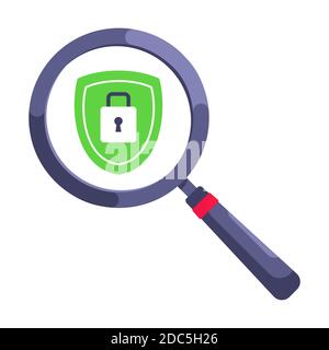 Schild mit Vorhängeschloss auf IT-Sicherheitsschutz-Symbol in der Lupe Kreis Glas. Stock Vektor