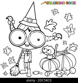 Cartoon-Hexe und ihre Katze, die am Halloween Abend Kürbisblätter mit ihrem Besen fegt. Kind im Hexenkostüm, das Trick oder Treffer feiert. Stockfoto