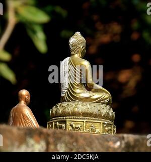 Eine Rückansicht einer Messingstatue von Buddha, der meditiert, während er in der Lotusposition sitzt. Stockfoto