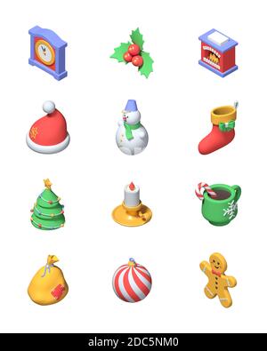 Frohe Weihnachten und ein glückliches neues Jahr - modernes buntes 3d Symbole eingestellt Stockfoto