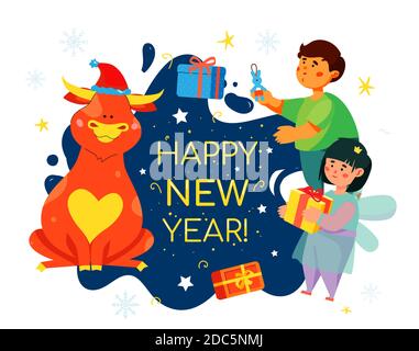 Kinder feiern Neujahr 2021 - Bunte flache Design-Stil Abbildung Stock Vektor
