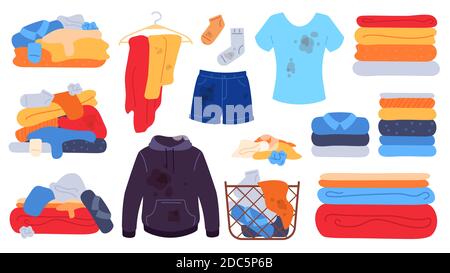 Schmutzige und saubere Kleidung. Flacher Wäschekorb, Jeans, T-Shirt und Socken mit Flecken. Schmutzige Kleiderstapel, Handtuchstapel. Waschvektor eingestellt Stock Vektor