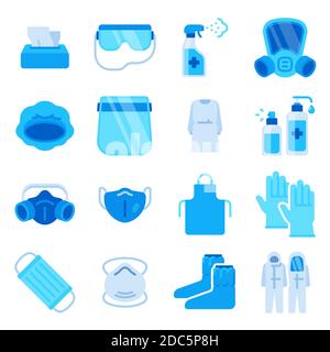 PSA-Symbole. Medizinische Maske, Desinfektionsspray, Desinfektionsflasche, Handschuhe und antibakterielles Tuch. Covid Personenschutzausrüstung Vektor-Set Stock Vektor