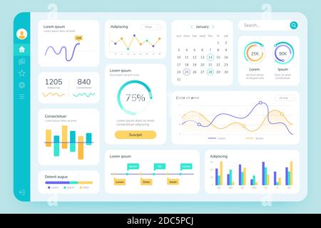 Dashboard-Benutzeroberfläche. Einfache Datensoftware, Diagramm- und HUD-Diagramme, Admin-Panels. Moderne Finanzanwendung Schnittstelle Vorlage Vektor Infografik Stock Vektor