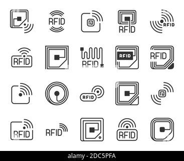 RFID-Symbole. Funkfrequenzkennzeichnung, Etikett, Chip und Antennenlogo. Drahtloses System zur Verfolgung und Steuerung, Vektorsymbole Stock Vektor