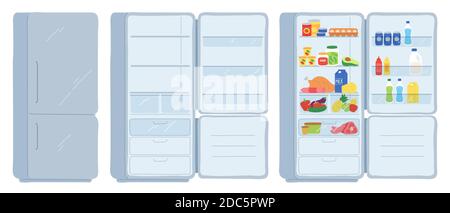 Offener Kühlschrank. Geschlossen, leer und voller Kühlschrank. Kühle Regale mit Fleisch, Milchprodukte, Getränke und Dosen. Cartoon Küche Gefrierschrank Vektor-Set Stock Vektor