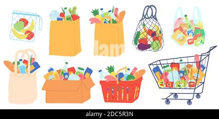 Einkaufstaschen und Karren. Einkaufskorb, Papier- und Plastikverpackungen, Öko-Beutel mit Bio-Lebensmitteln. Supermarkt Waren und Lebensmittel Vektor-Set Stock Vektor