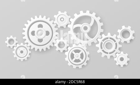 Zahnräder. Realistischer 3d-Mechanismus mit weißen Zahnrädern und Zahnrädern. Teamarbeit Zusammenarbeit Maschinensymbolik. Engineering und Technologie Vektor-Konzept Stock Vektor