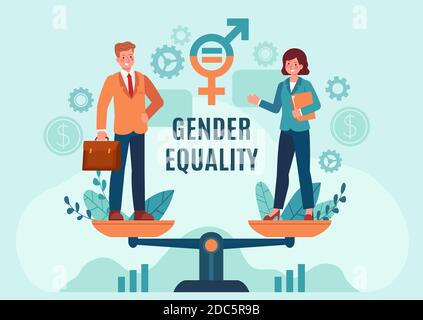 Gleichstellung der Geschlechter. Angestellte Frau und Mann stehen auf einer ausgewogenen Waage. Faire Jobchancen und Gehalt. Gleichberechtigung Vektor-Konzept Stock Vektor