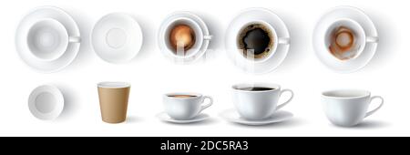 Kaffeetassen. Realistische 3d leer, schmutzig, Keramik und Papierbecher. Americano mit Schaum und Espresso oben und Seite. Kaffees Mockup Vektor-Set Stock Vektor