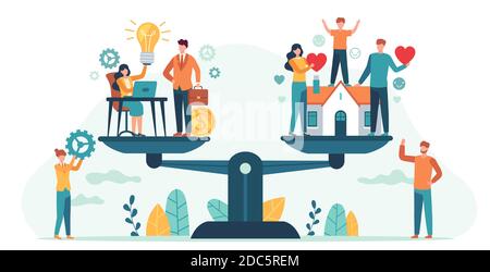 Zu Hause und auf Waage arbeiten. Frau und Mann balancieren Familie und Karriere. Geschäftsleute vergleichen Liebe, Kinder, Arbeit. Balance Life Vector Konzept Stock Vektor