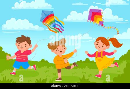 Kinder mit Drachen. Junge und Mädchen draußen spielen mit fliegenden Spielzeug im Park. Cartoon Kinder und Drachen in Windhimmel. Vektorkonzept für Sommeraktivitäten Stock Vektor