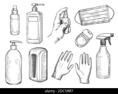 Skizzieren Sie die Desinfektionsflasche. Persönliche Schutzausrüstung. Medizinische Maske, Handschuhe, Flüssigseife und antibakterielles Spray. Handgezeichneter PSA-Vektor-Satz Stock Vektor