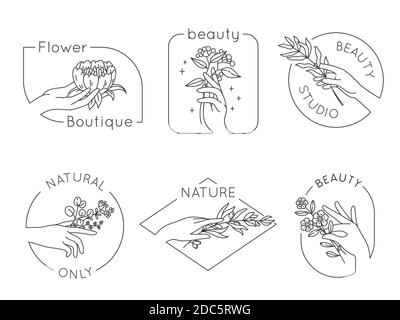 Linie Hand-und Blumen-Logos. Floraler Schönheitssalon, Spa und Kosmetik-Logo mit Frau Hände. Embleme für natürliche handgefertigte Produkte, Vektor-Set Stock Vektor