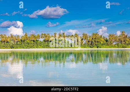 Landschaftsreflexionen von Kokospalmen in perfekter Symmetrie, sonniger tropischer Inselstrand. Meditationstapete, Gleichgewicht in der Natur, Schönheit in der Natur. Stockfoto