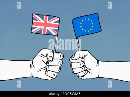 Hände mit Union Jack und Flaggen der Europäischen Union Stockfoto