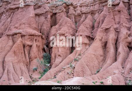 Landschaft des Fairytale Canyon am Issyk kul See in Kirgisistan mit roten Bergen. Stockfoto