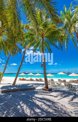 Cafe am Strand, Meer und Himmel, tropisches Resort oder Hotelhintergrundkonzept. Sommerurlaub oder Urlaub, Familienurlaub Stockfoto