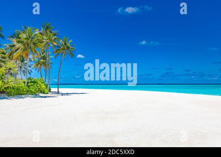 Wunderschöne tropische Malediven Resort Hotel Insel Strand und Meer und Kokospalme am Himmel für Urlaub Hintergrund. Luxuriöse Reiselandschaft Stockfoto