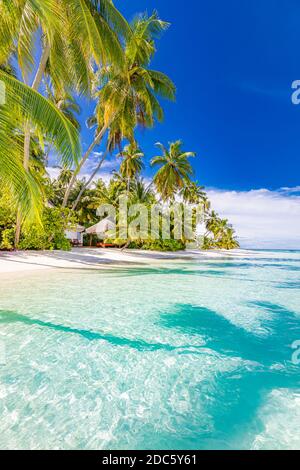 Ruhige Strandszene. Sonnige exotische tropische Strandlandschaft. Sommerurlaub Urlaubskonzept. Luxusreiseziel, idyllische Natur, Palmen, Meer Stockfoto