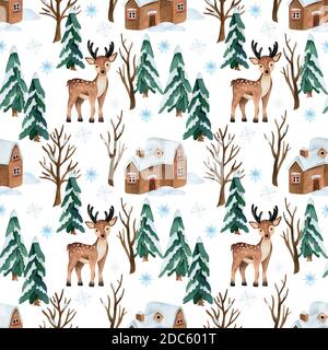 Weihnachtliche Aquarell nahtlose Muster mit dee, Pinien und Häusern Stockfoto