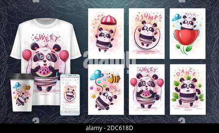 Set niedlichen Panda Poster und Merchandising Stock Vektor