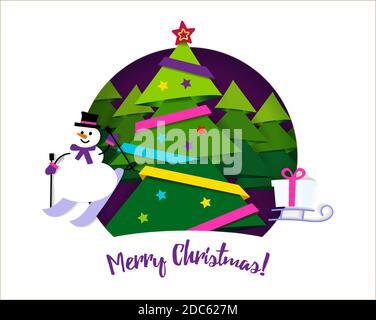 Banner-Frohe Weihnachten. Papierband auf Weihnachtsbaum mit Stern und Weihnachtskugeln. Papier geschnitten und Handwerk Stil. Vektorgrafik. Stock Vektor